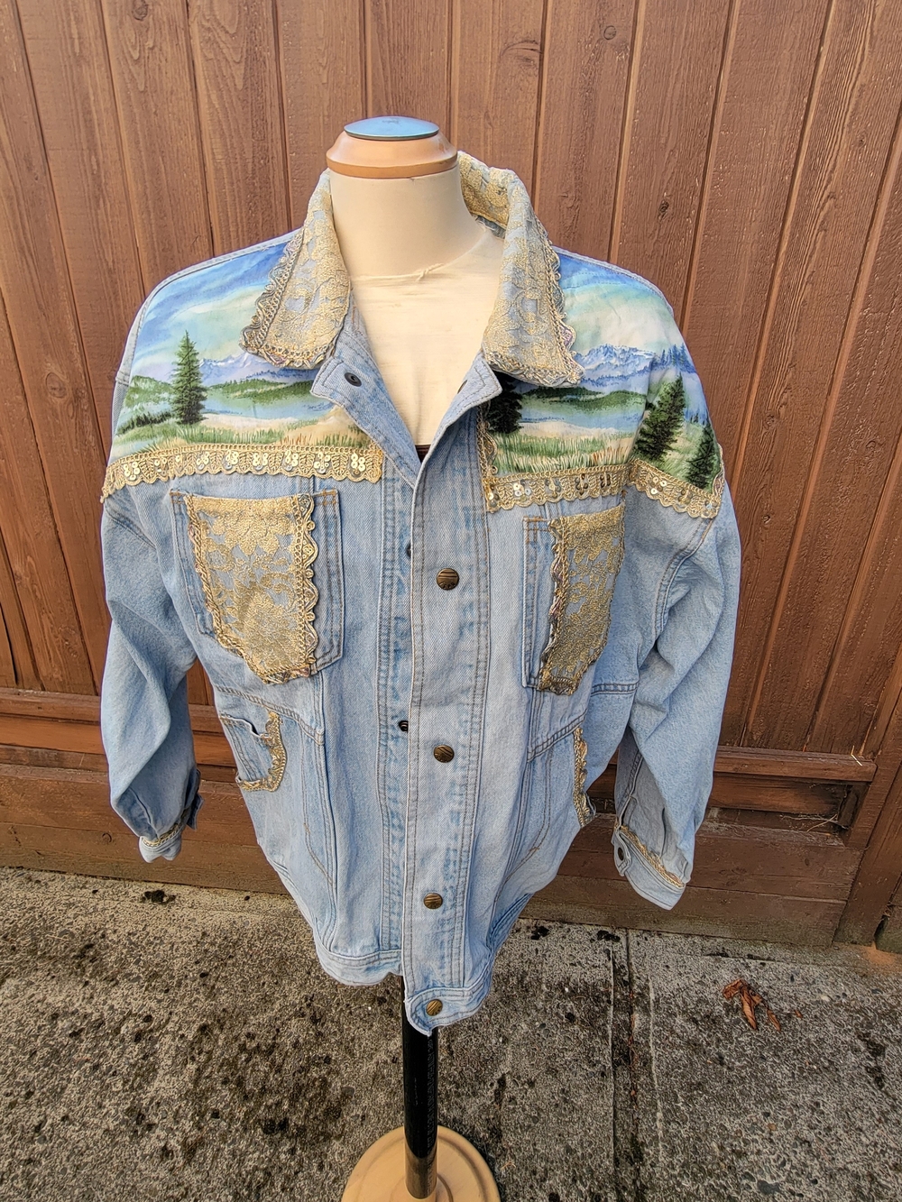 Upcycle By Me. Light Wash Denim Jacket with Gold Lace Trim